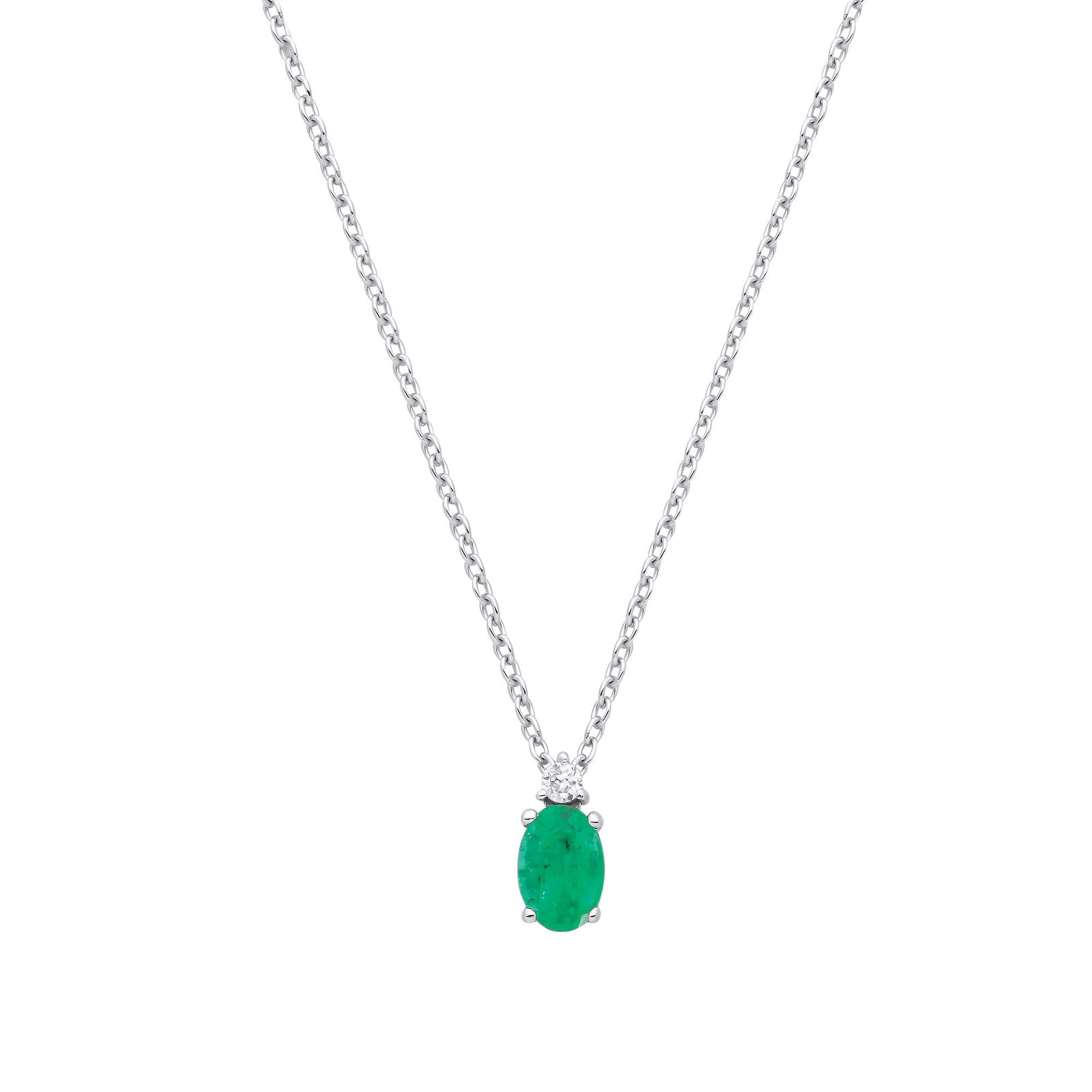 9ct White Gold Diamond 0.03ctw & Emerald 0.38ctw Necklace (Chain 17") - Fine Necklace – Luxury Jewellery by Imperial T